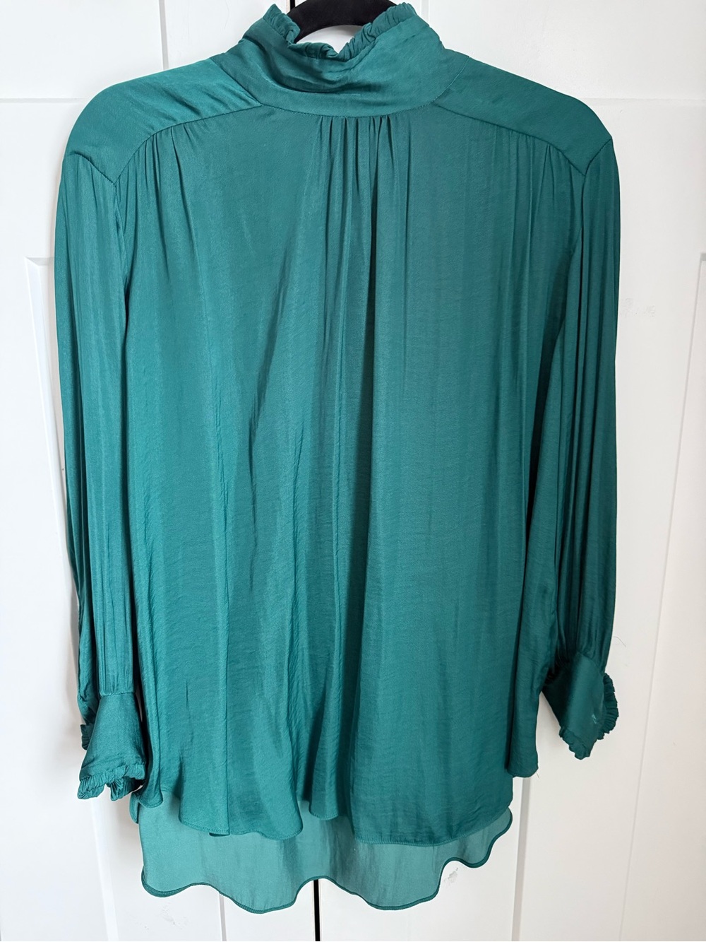 Zara Women's Teal Long-Sleeve Mock Neck Silk Blouse with pearl buttons. M.